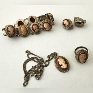 Elegant Cameo Jewelry Set in Silver and Brown